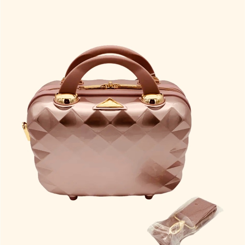 Rose Gold Quilted Hard-Shell Travel Cosmetic Case with Top Handle